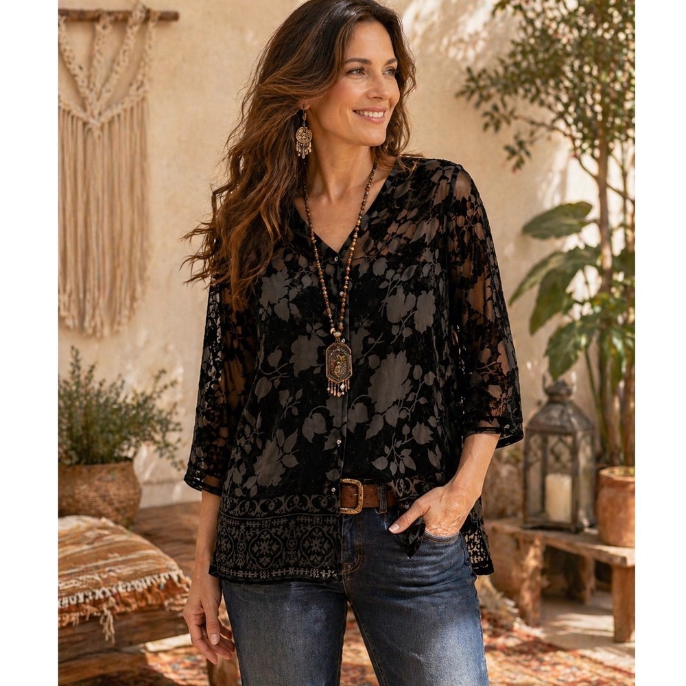 Norton McNaughton Black Velvet‎ Burnout Floral Sheer Mesh Button Front Blouse